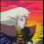 Animated character with white hair and green clothing against a red-orange gradient background, showing head movement