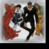 Animated sequence showing two figures in dynamic poses with shifting backgrounds and partial text elements.