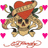 Pixelated skull with red bandana, crossed bones, and pink heart-shaped projectiles on white background.