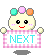 Pixelated character with pastel hair holds pink checkered sign reading NEXT, showing two distinct poses with arms raised and lowered.