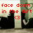 Pixelated image with red text 'face down in the dirt <3' over two black silhouettes against a light background.