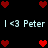 Pixelated red hearts and light blue text reading 'I <3 Peter' arranged in a symmetrical pattern on black background.