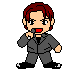 Pixel art character in gray suit with red hair, performing multiple sequential poses against gray background.
