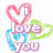 Pixelated icon with heart-shaped outlines in pink, green, and blue surrounding the text "I love you" in purple and white.