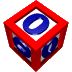 Red cube with blue '0' symbols on white faces, rotating in a of identical cubes against gray background