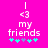 Pixelated icon with pink background showing 'I <3 my friends' text and five star-like symbols, where the second symbol changes from cyan to purple between frames.