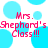 Pixelated image with pink text reading "Mrs. Shephard's Class!!!" over a background of light blue circles on white.