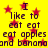 Yellow background with red stars and repeated text 'I like to eat eat eat apples and banana' in dark brown pixelated font.