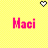 Pixelated yellow background with pink text 'Maci' and two heart icons, one white-filled and one black-filled.