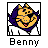 Pixelated cartoon character with yellow face, purple hair, and white shirt inside black border frame with "Benny" text below.