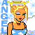 Pixelated cartoon-style icon of a blonde woman with angel wings and halo, wearing an orange crop top and blue skirt, standing against a light blue background with the word "ANGEL" in large blue letters to her left.