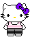 Pixel art of a white cat with a purple bow, yellow nose, black eyes, and pink striped shirt against gray background.