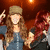 Three figures with long brown hair and beige caps pose against a warm-toned background, two making hand gestures.