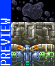 Pixel art scene with blue vertical banner reading PREVIEW, space background with asteroids, stone structure, and futuristic vehicle on green terrain.