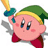 Pixelated pink character with green hat, yellow trim, red cape, blue eyes, and gray sword; holding golden-yellow weapon above head.