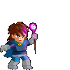 Pixel art character with brown hair and blue outfit casts pink magic spell, holding staff with glowing purple orb.