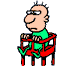 A cartoon character in a green shirt and red chair performs sequential actions with a yellow pipe against a gray background.