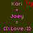 Pixelated text and symbols on dark background: 'Kori' above red heart, 'Joey' below, equals sign, and '[:.Love.:]' emoticon.