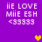 Purple background with white pixelated text 'iie LOVE Miie ESH <33333' and two heart symbols changing color between yellow and brown.