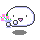 Pixelated white rounded character with black eyes and pink mouth holding a blue vase of pink flowers, shown in four sequential states on gray background.