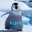 Pixelated penguin with black head and beak, gray body, and blue text 'Karla' overlaid on chest against icy background.