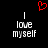 Red pixelated heart above two identical white text phrases 'I love myself' on black background.