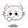 Pixelated white cat head with pink inner ears, black eyes, pink cheeks, and purple outline; four variations show subtle expression and mouth changes.
