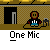 Pixel art character with brown hair and red face sits at desk with lamp, holding microphone in one frame and cross in another, text 'One Mic' below.