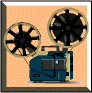Blue and beige film projector with two reels on an orange dotted background, showing sequential animation frames.