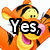 Tigger character with orange fur and black stripes, yellow face, pink nose, open mouth showing tongue, arms raised in four displaying text changes