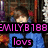 Pixelated image of a person with brown hair and a dark shirt, next to text reading EMILYB188 and loves in pink block letters on a black background.