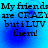 Blue background with black text reading "My friends are CRAZY but iLUV them!" in a pixelated font, repeated four times in a