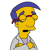 Pixelated yellow-skinned character with blue hair, red glasses, and a gray jacket over purple shirt. The head is turned right with closed eyes and open mouth.