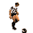 A 4x4 contact sheet of a pixelated soccer player animation showing sequential running and kicking poses with a black-and-white striped jersey, brown shorts, black socks, and a small black-and-white soccer ball.