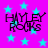 Pixelated text 'HAYLEY ROCKS' in dark purple on bright pink background with cyan stars, repeated four times across the image.