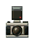 Pixelated camera icon with silver and black body, circular lens, red indicator light on flash unit, visible in six showing flash activation