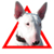 Pixelated dog head with red bow and red triangular border, white background, static image.