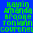Green pixelated text listing names over four colored backgrounds in a
