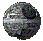 Six circular pixelated frames show a spherical object with dark and light gray sections rotating against a solid gray background.