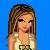 A 4x3 contact sheet of an animated AIM buddy icon showing a cartoon woman with long brown hair, pixelated style, and various poses against a solid blue background with yellow text elements.