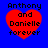 Four identical red heart-shaped icons with black text "Anthony and Danielle forever" on a blue background, arranged in a