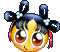 Yellow circular face with large brown eyes, blue hair tied in two buns with light green bows and red ribbons, four distinct facial expressions across frames.