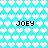 Pixelated cyan background with white heart pattern and four instances of 'JOEY' text in black block letters.