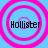 Four identical circular icons with pink concentric rings on a light blue background, each containing the text 'Hollister' in black pixelated font.