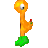 Pixelated orange figure with single large eye, green base, and red-and-green hand detail on gray background.