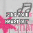 A contact sheet of 19 animated frames showing a repeating pattern with pink starbursts, gray musical notes, and text reading "SING YOUR HEART OUT" on a light gray background.