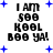 Pixelated text reads 'I AM SOO KOOL BOO YA!' surrounded by blue plus signs on white background, with animation changes in star positions and spacing.
