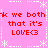 A static pixel art image with a pink background, white decorative borders, and red text reading "we both that it's LOVE<3" repeated four times.