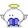 Pixelated angel icon with white body, blue wings, yellow halo, and pink cheeks in various poses.