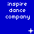 Blue background with repeated white text 'inspire dance company' and small animated symbols like plus signs, stars, and dots.